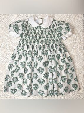 India Amory X Smockingbird Girls 2 Years Green Printed Collared Smocked Dress